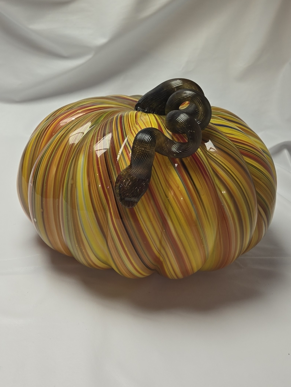 Cracker Barrel Multicolor Striped Glass Pumpkin - Yellow, Orange, Brown